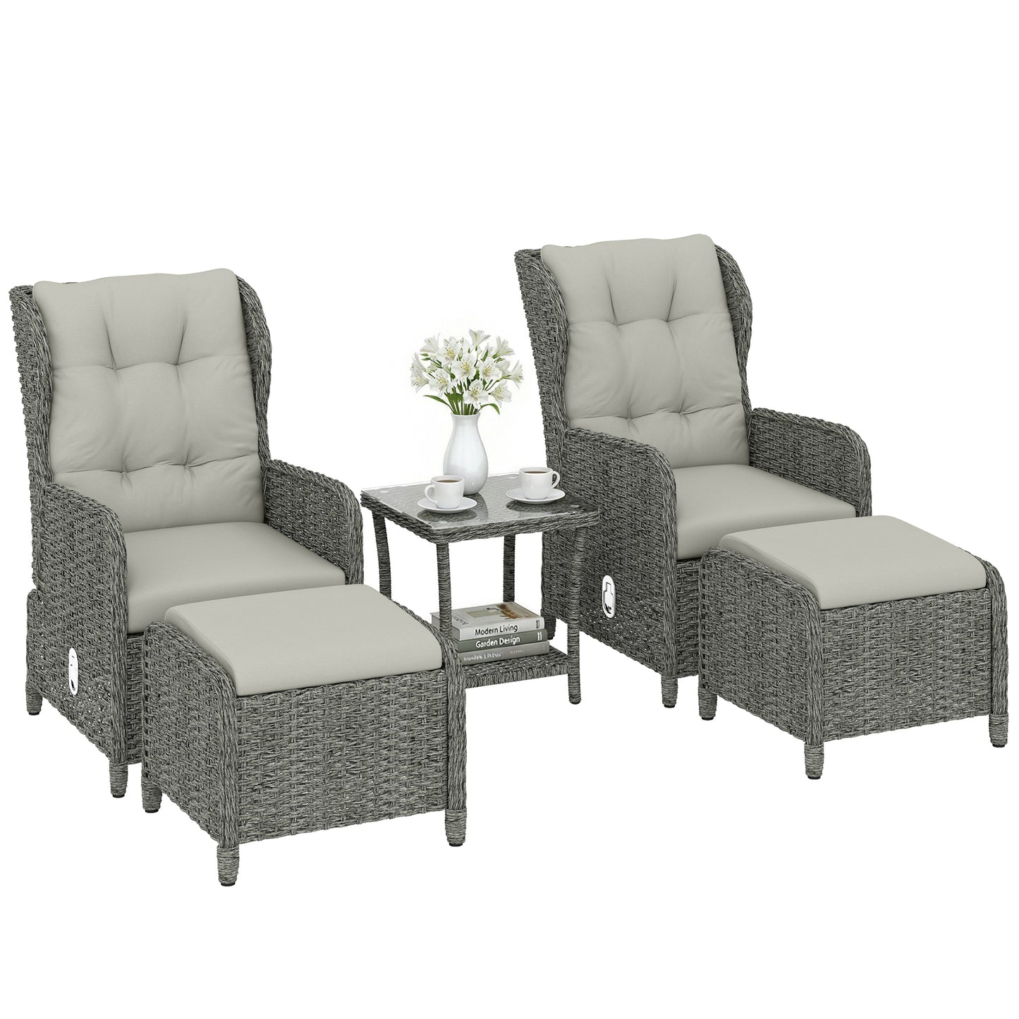 5 Piece Garden Furniture Set, Rattan Reclining Garden Chair Set of 2 with Footstool and Cushion  Cream