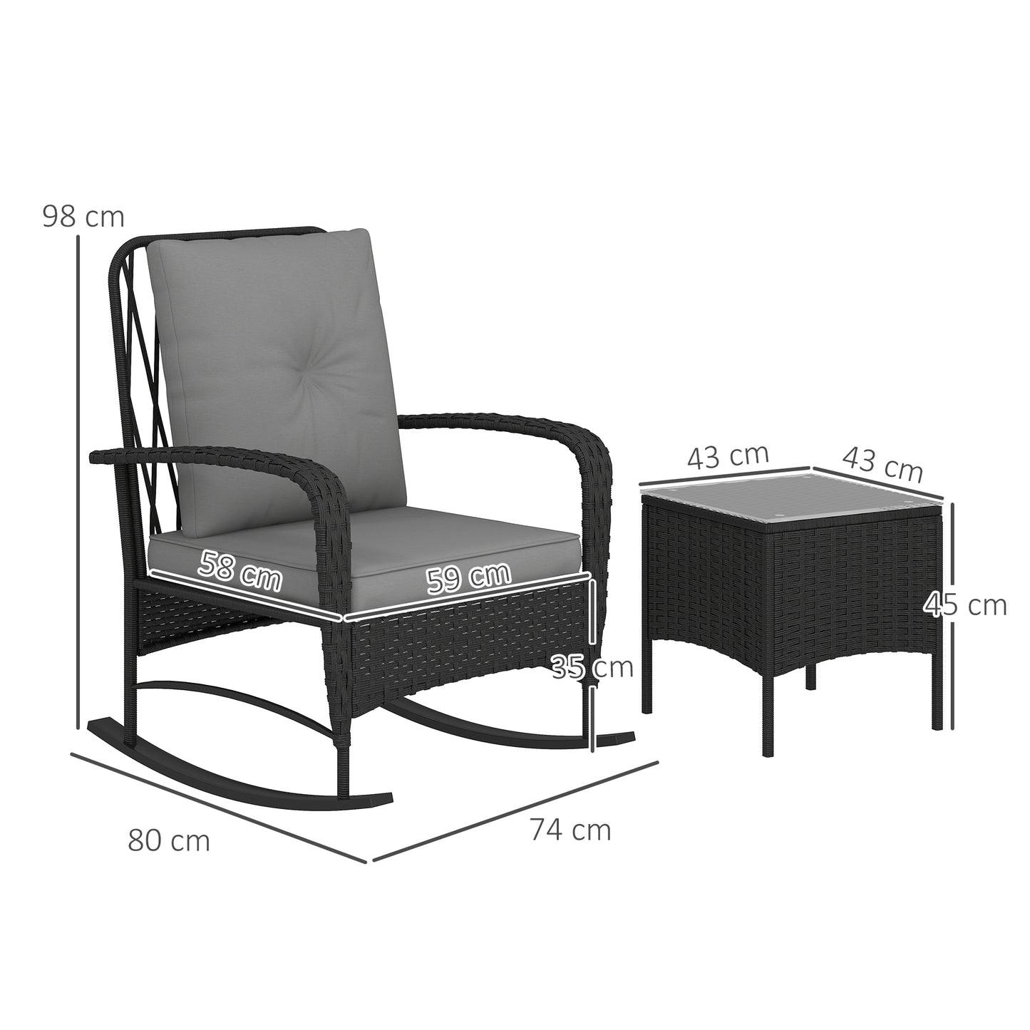 Rattan Bistro Set Balcony Furniture with Rocking Chairs, Black