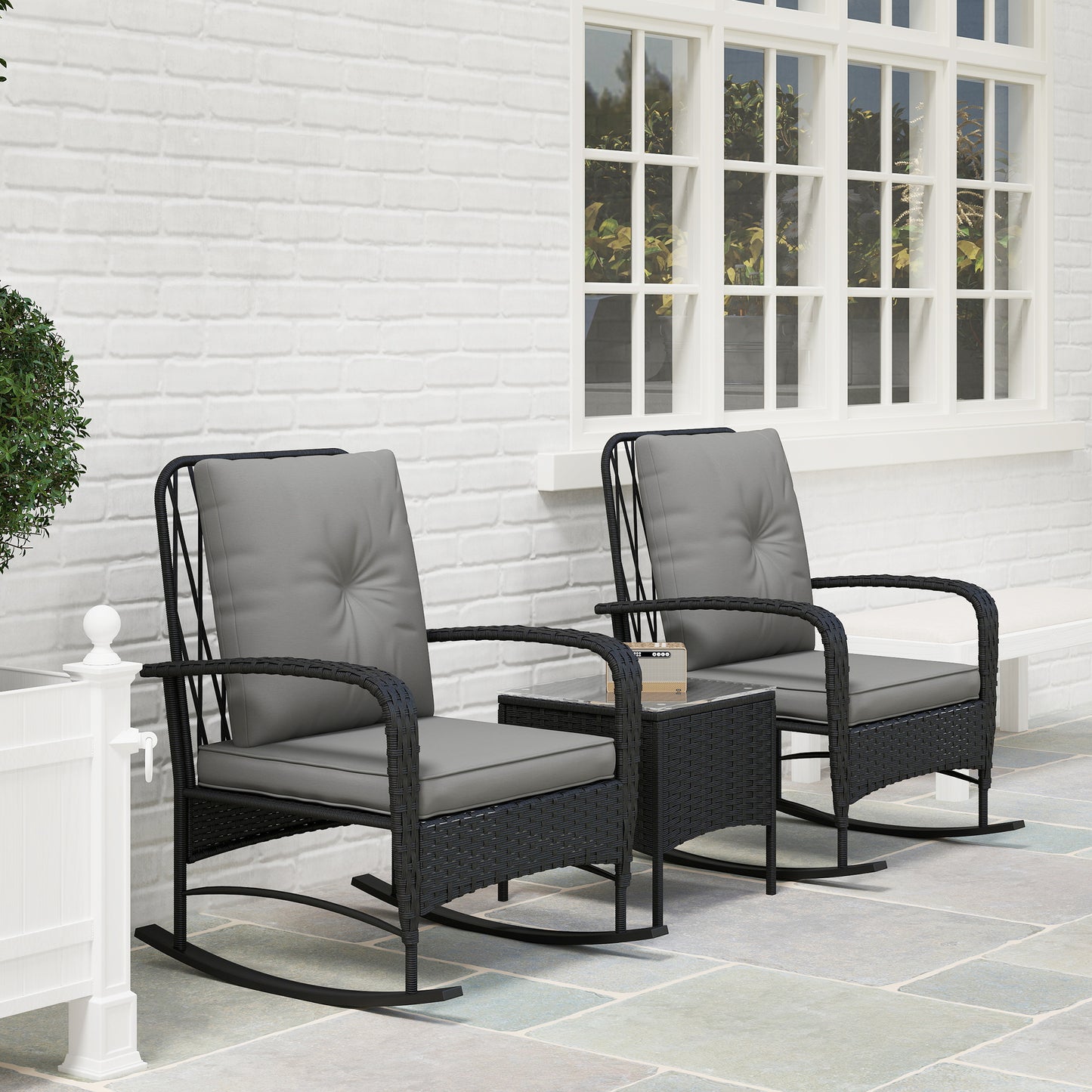 Rattan Bistro Set Balcony Furniture with Rocking Chairs, Black