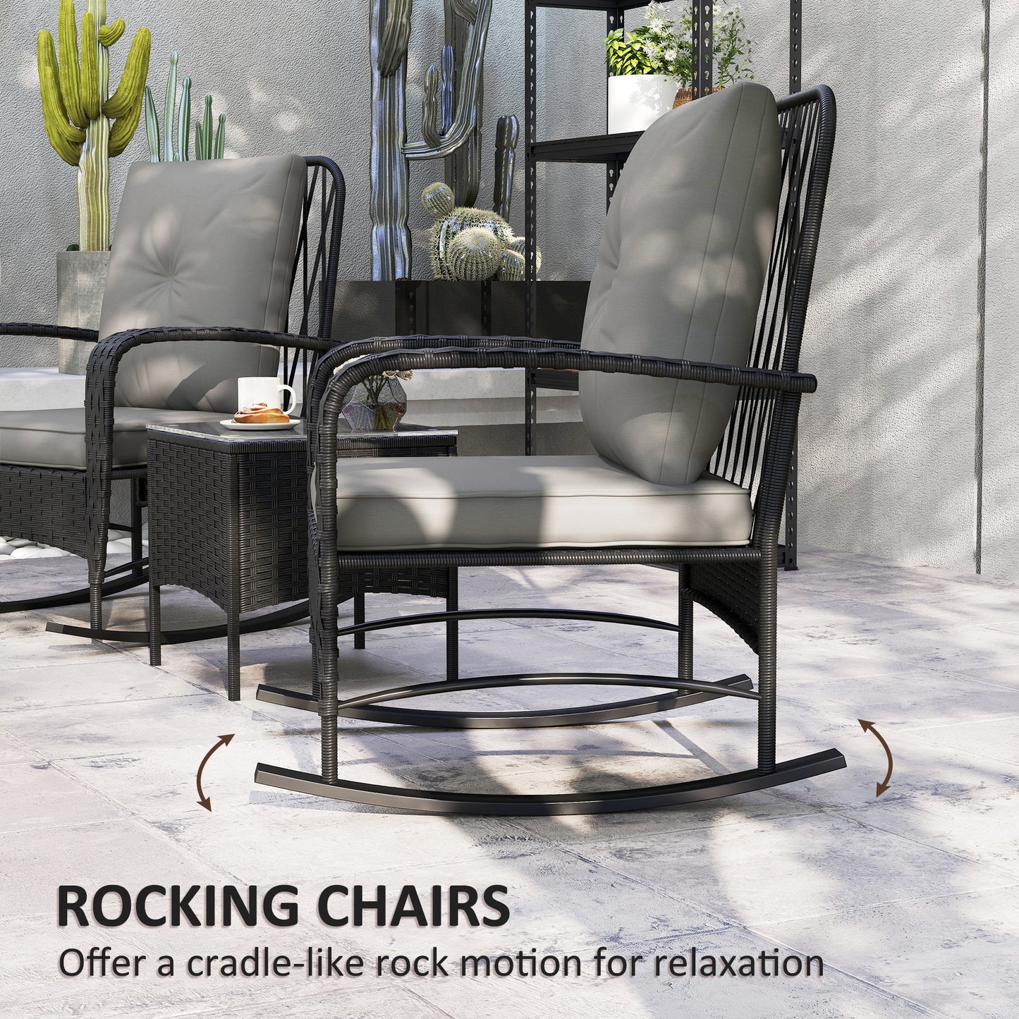 Rattan Bistro Set Balcony Furniture with Rocking Chairs, Black