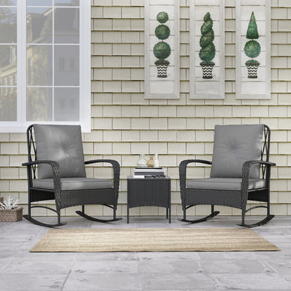 Rattan Bistro Set Balcony Furniture with Rocking Chairs, Black