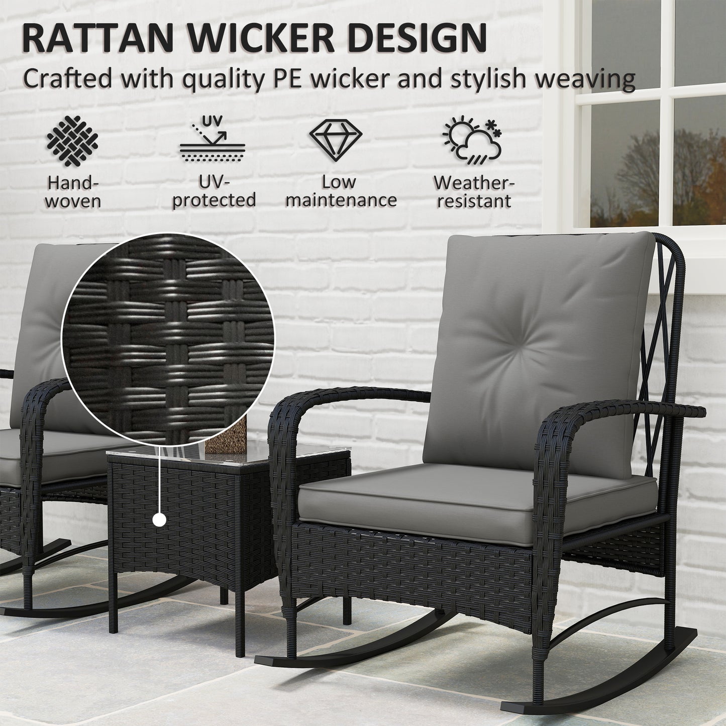Rattan Bistro Set Balcony Furniture with Rocking Chairs, Black