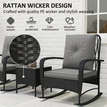 Rattan Bistro Set Balcony Furniture with Rocking Chairs, Black