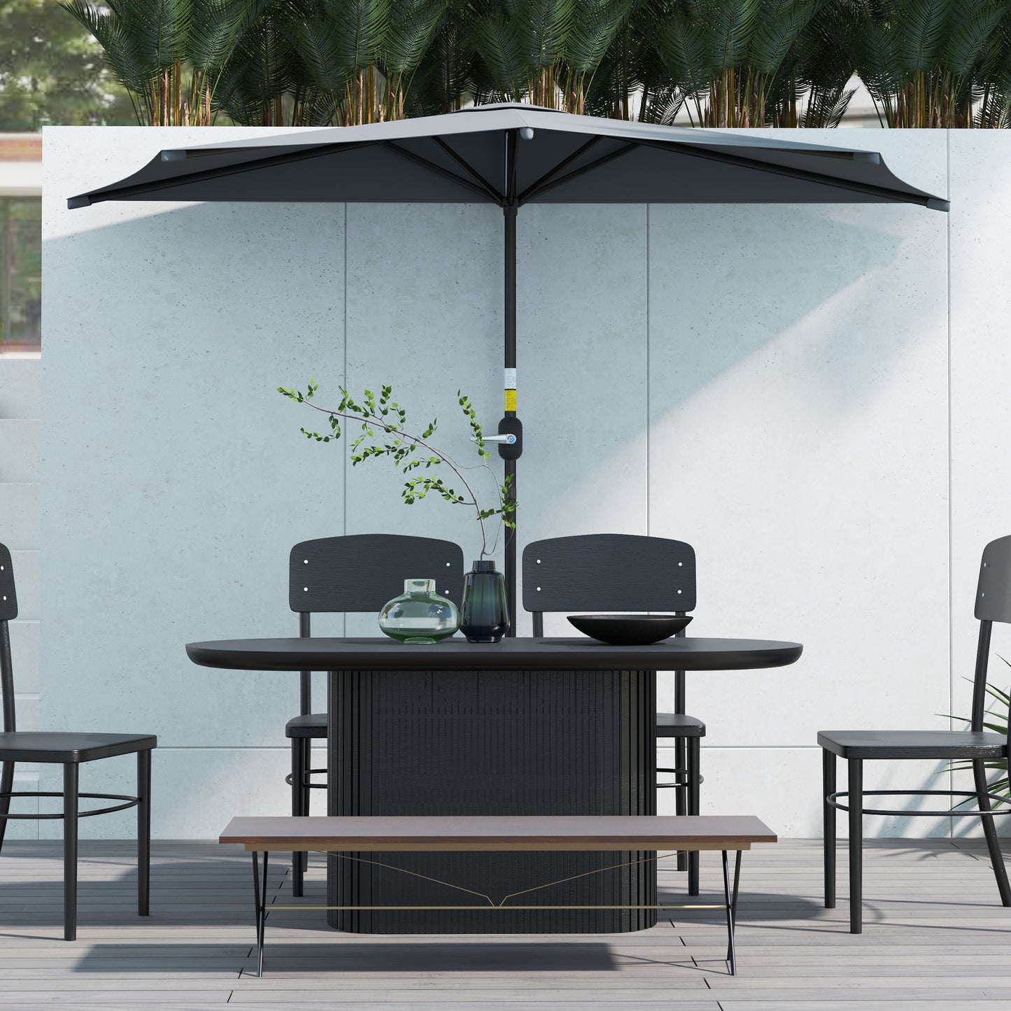 3(m) Half Round Parasol Garden Sun Umbrella w/ Crank Dark Grey