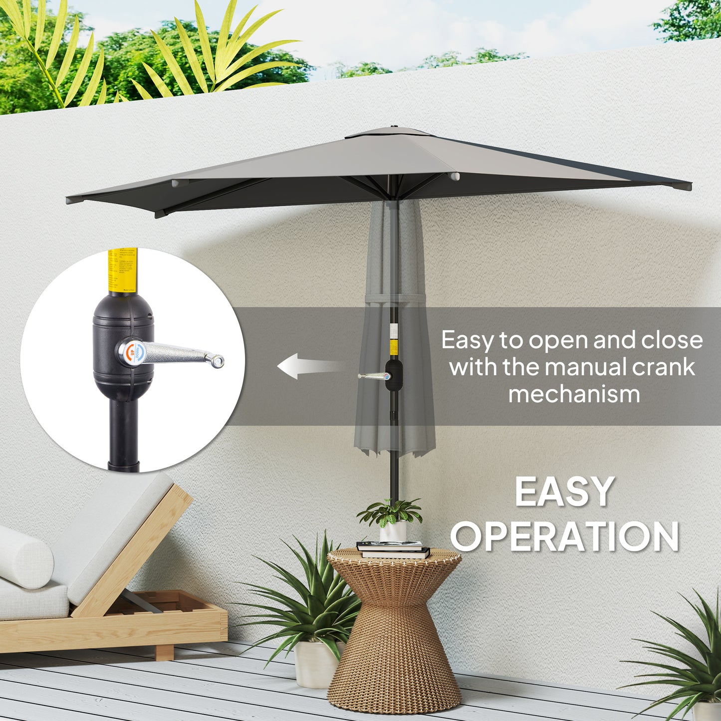 3(m) Half Round Parasol Garden Sun Umbrella w/ Crank Dark Grey