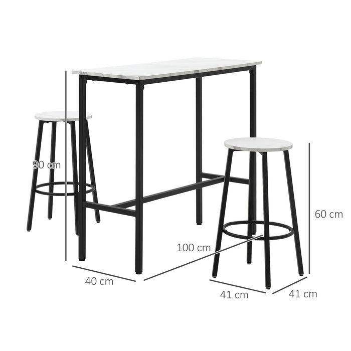 3 Piece Bar Table Set for 2 with Stools Steel Frame Footrest White