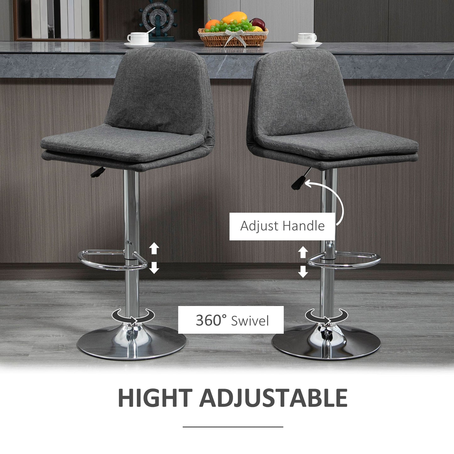 Morden Adjustable Swivel Bar Stools Set of 2, with Backrest, Grey