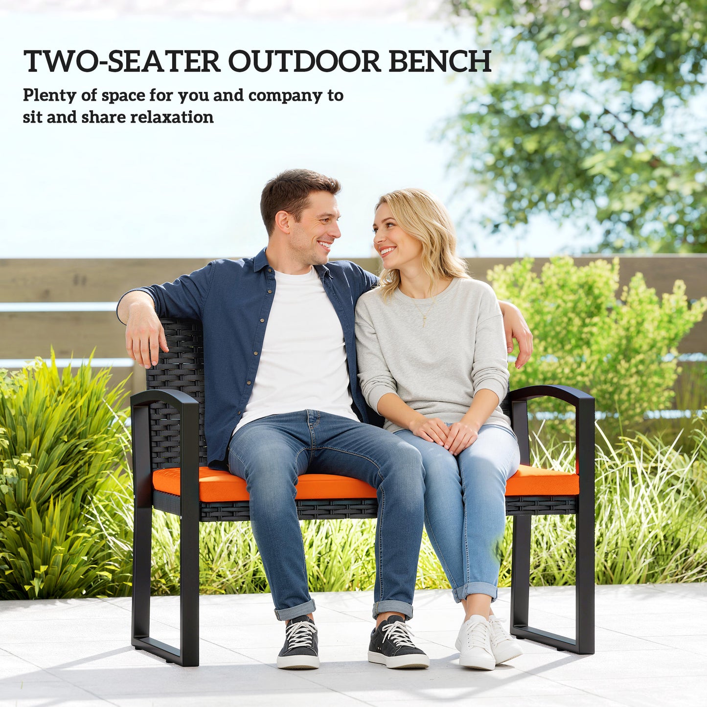 2 Seater Rattan Garden Bench with Cushion, Steel Frame, Orange