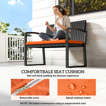 2 Seater Rattan Garden Bench with Cushion, Steel Frame, Orange