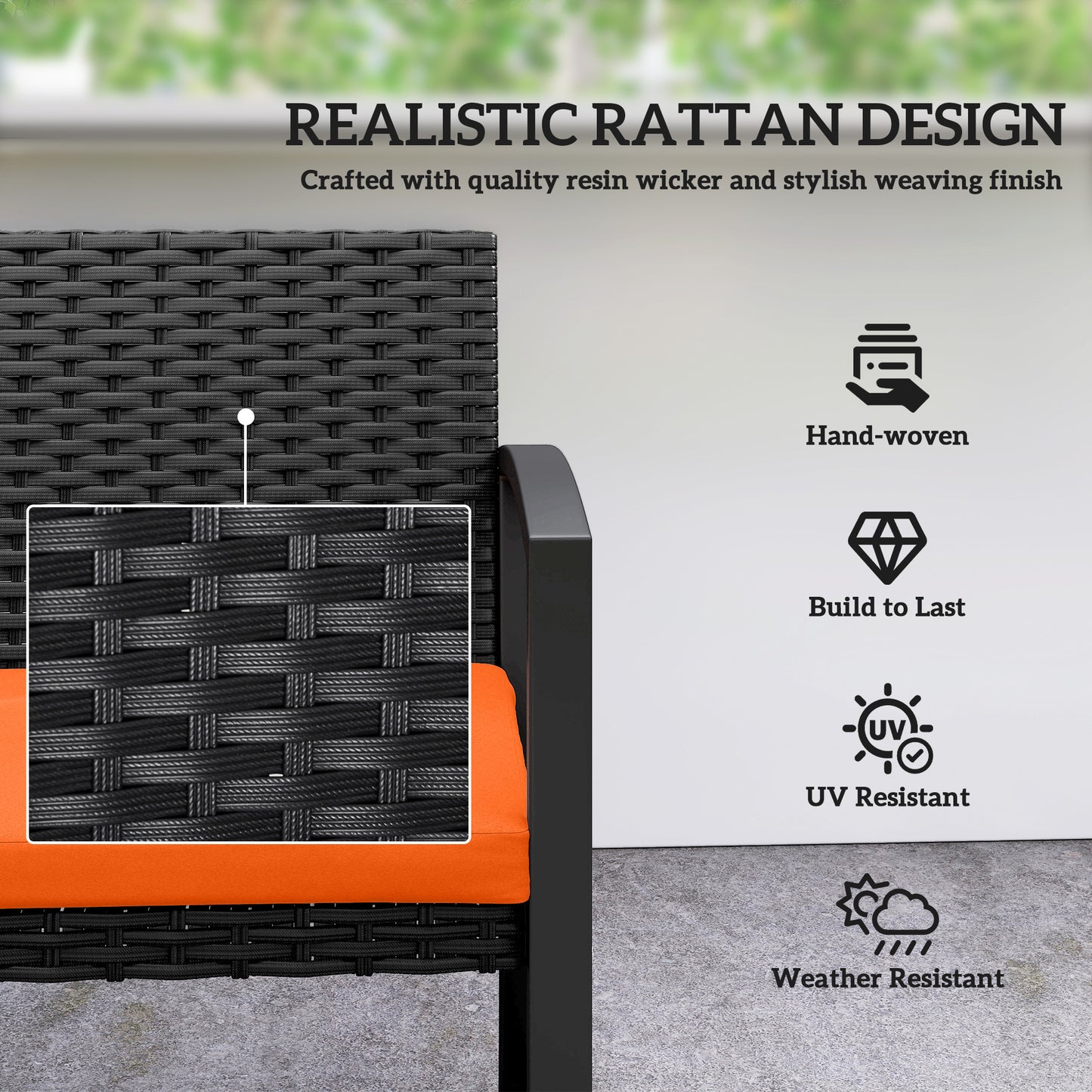 2 Seater Rattan Garden Bench with Cushion, Steel Frame, Orange