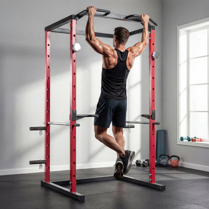 Adjustable Power Rack with Pull-Up Bar, Dip Station and J-Hooks - Red & Black