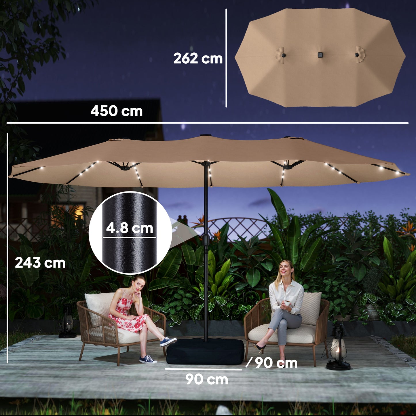 Double Sided Garden Parasol w/ 60 Solar LED Lights 4.5m, Khaki