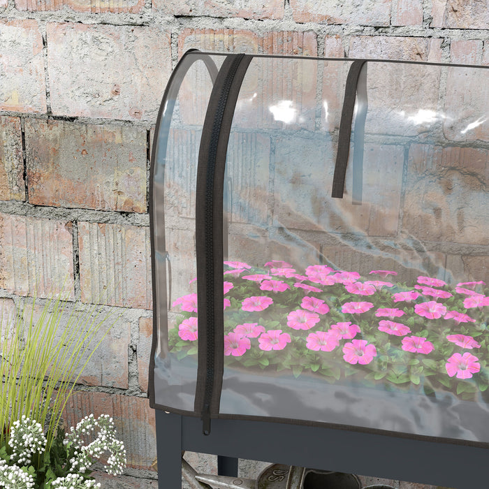 Raised Planter with Greenhouse Cover, Mobile Elevated Garden Bed with Wheels and Bottom Shelf for Vegetables, Dark Grey