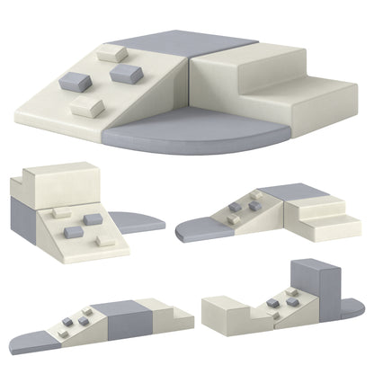 4 Piece Foam Soft Play Climbing Set with Ramp and Steps - Light Grey & Beige