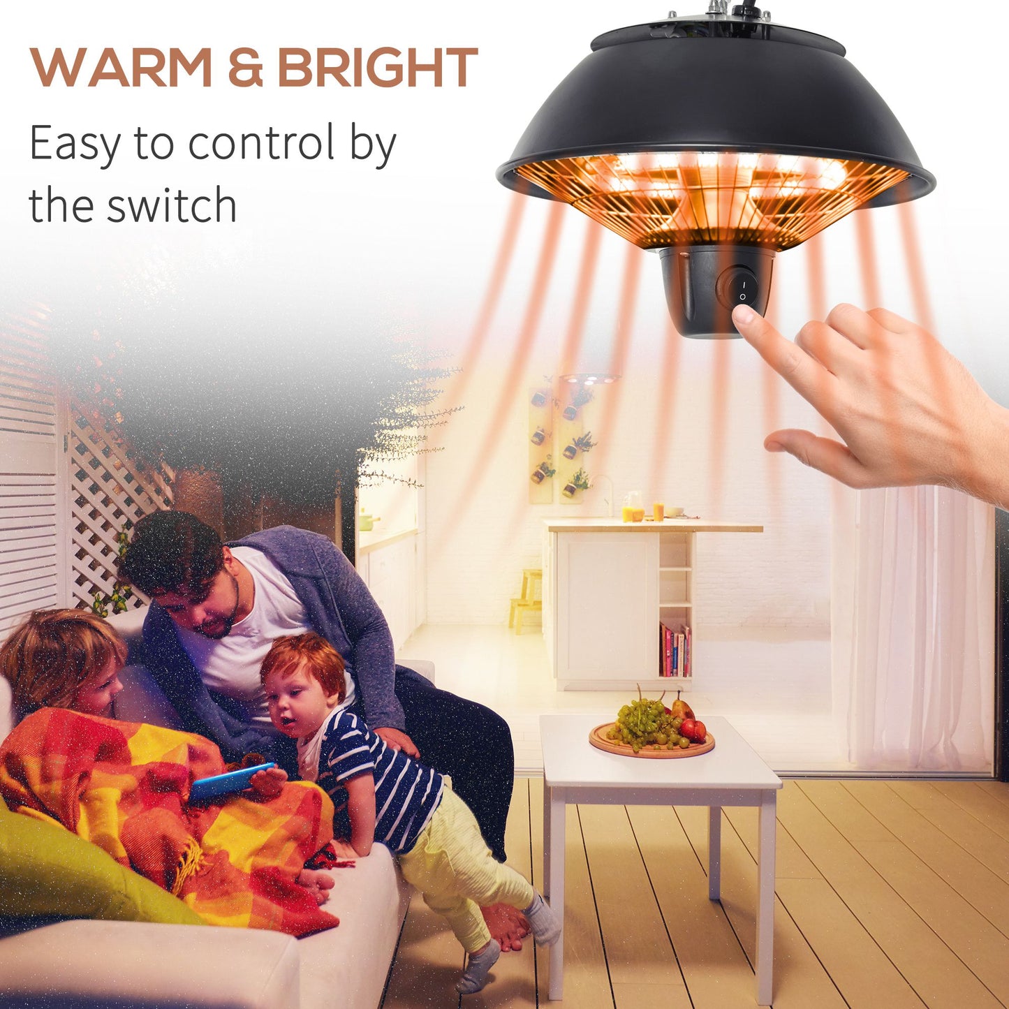 600W Electric Heater Ceiling Hanging Halogen Light w/ Hook Chain Black