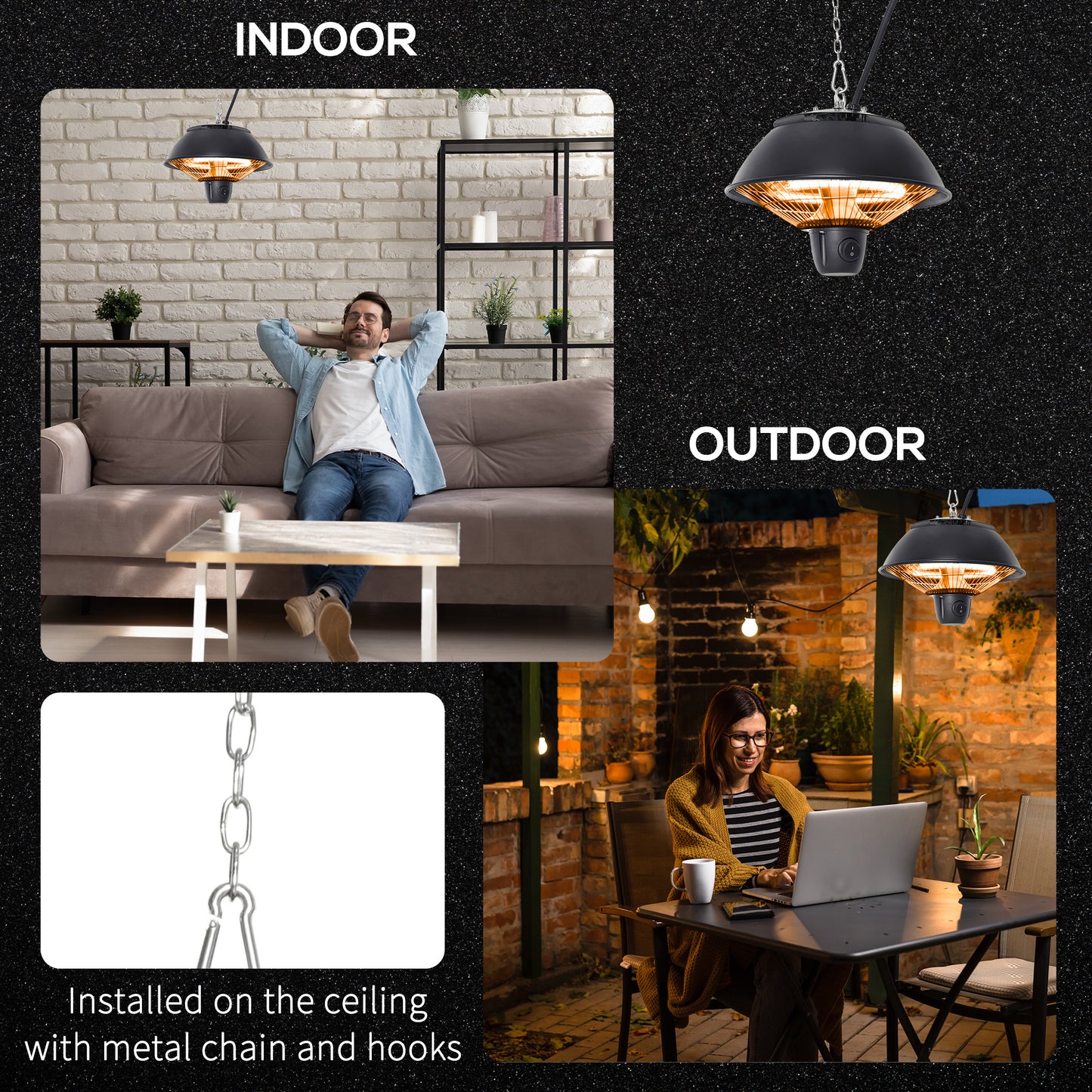 600W Electric Heater Ceiling Hanging Halogen Light w/ Hook Chain Black
