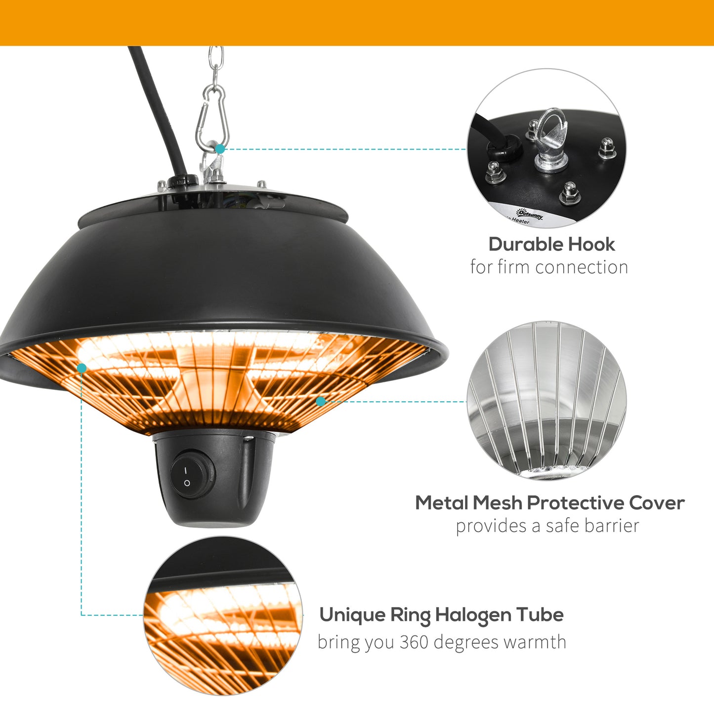 600W Electric Heater Ceiling Hanging Halogen Light w/ Hook Chain Black