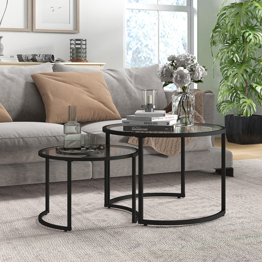 Glass Coffee Table Set of 2, Round Nest of Tables for Living Room