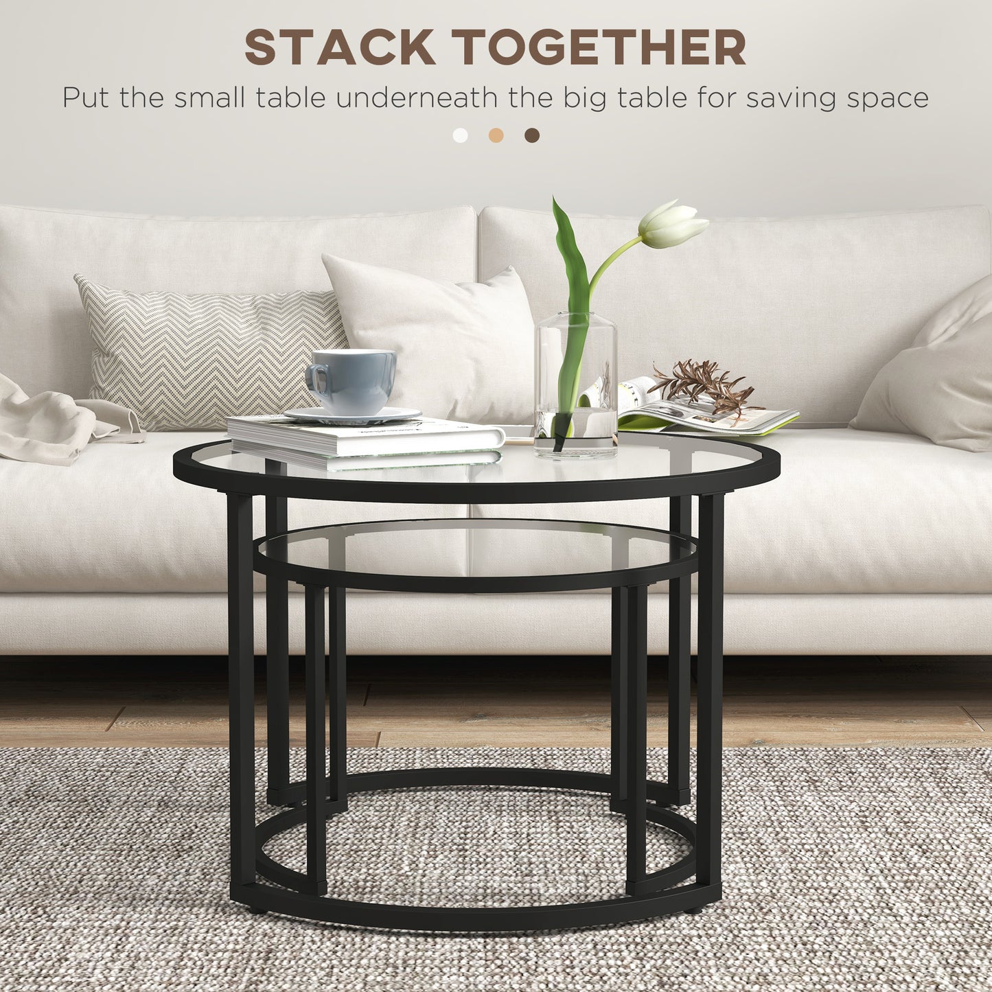 Glass Coffee Table Set of 2, Round Nest of Tables for Living Room