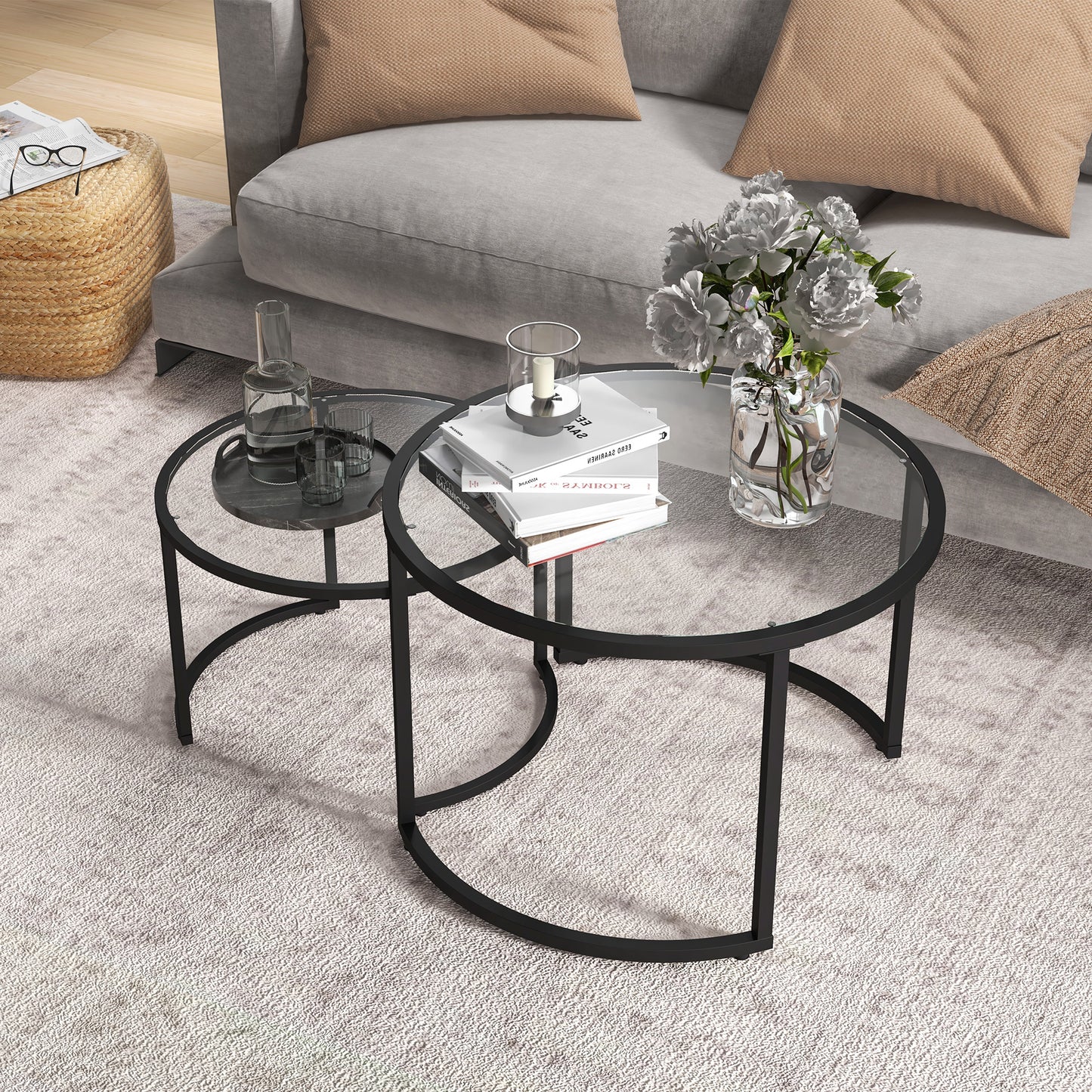 Glass Coffee Table Set of 2, Round Nest of Tables for Living Room