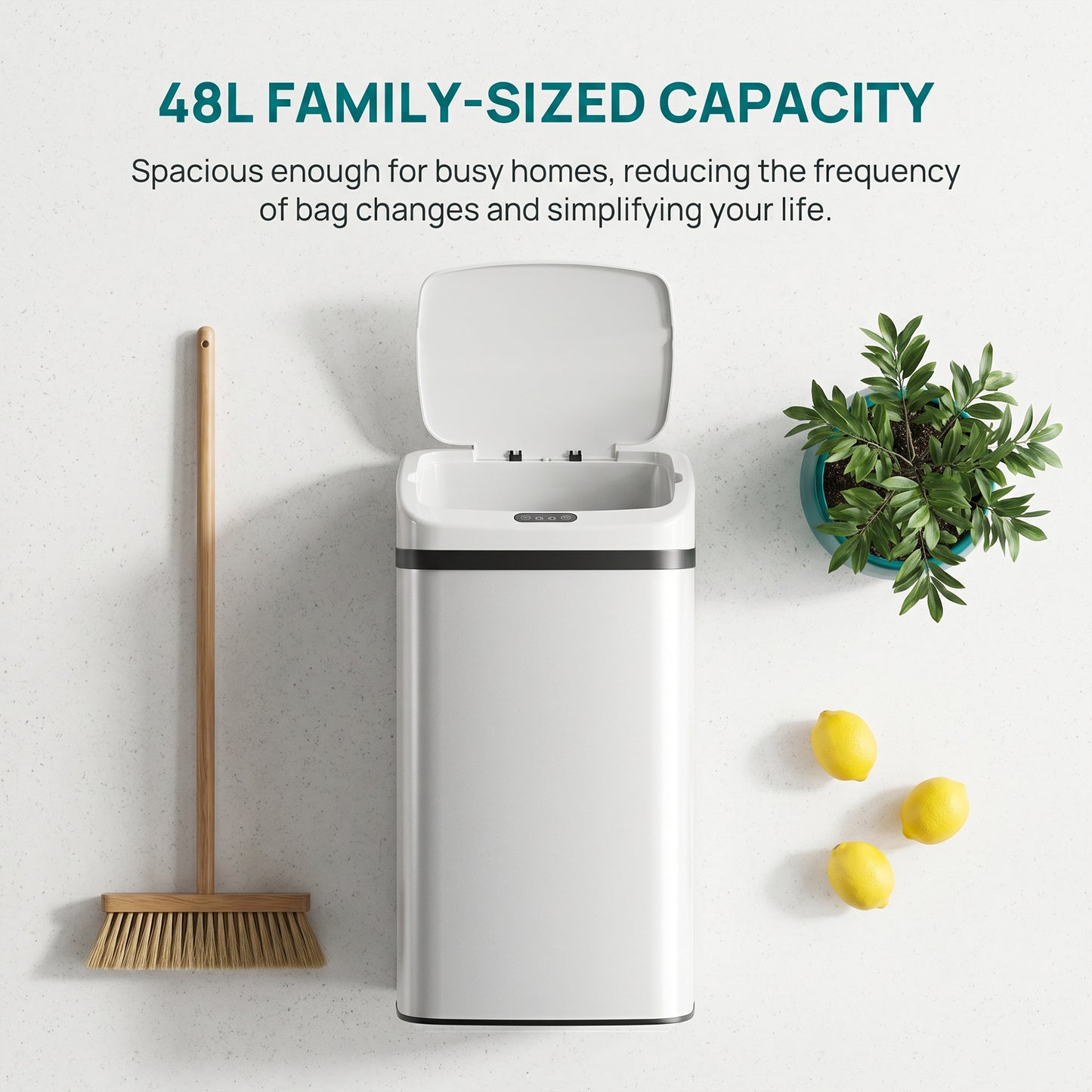 48L Sensor Bin, Stainless Steel Kitchen Bin with Automatic Soft Close Lid and Fingerprint-Proof for Recycling and Waste, White