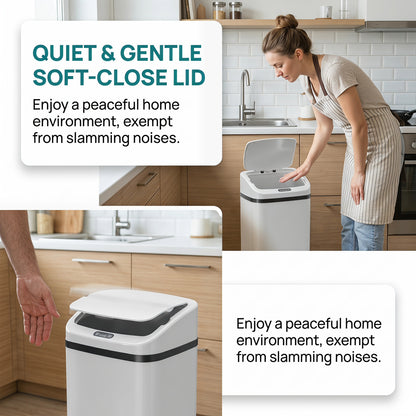 48L Sensor Bin, Stainless Steel Kitchen Bin with Automatic Soft Close Lid and Fingerprint-Proof for Recycling and Waste, White