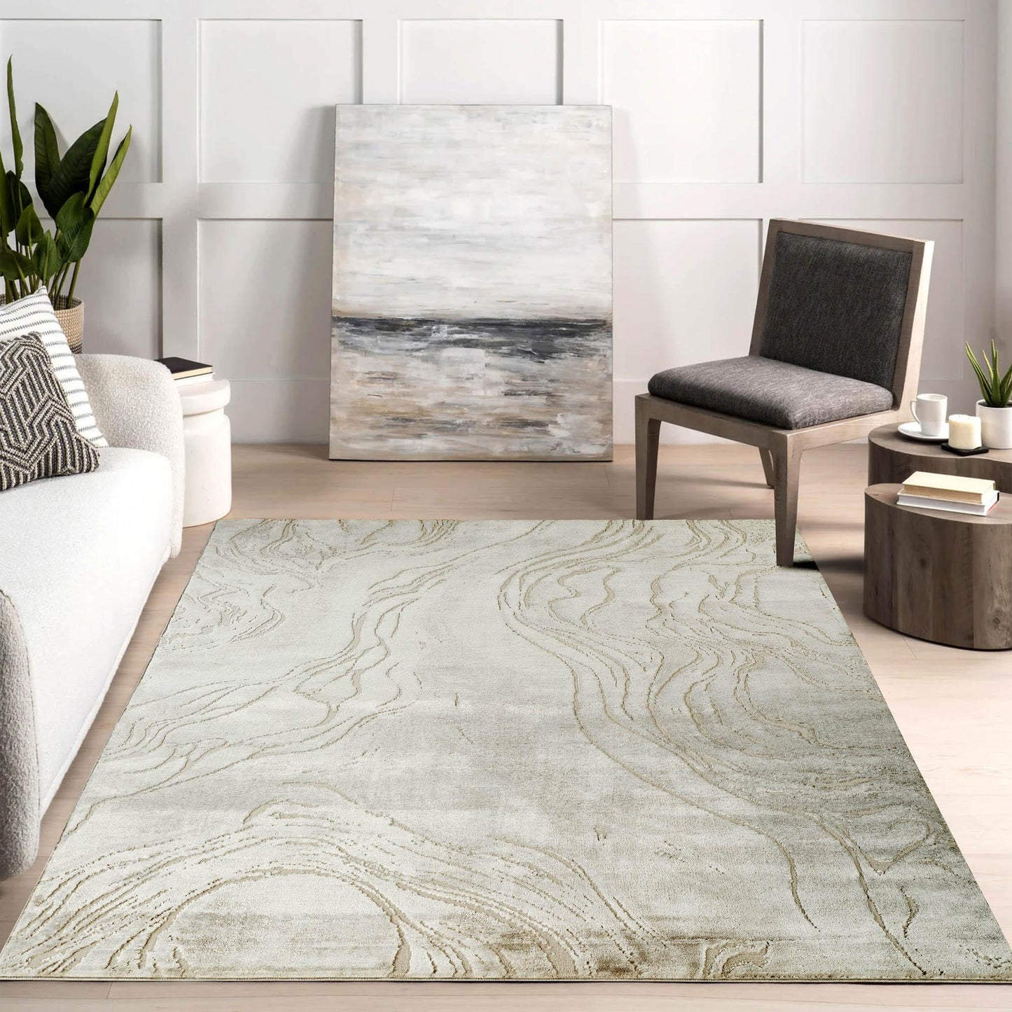 Novu Modern Abstract Rug with Velvet Touch Elegant Metallic Accents Stream Design - 2 Colours Available