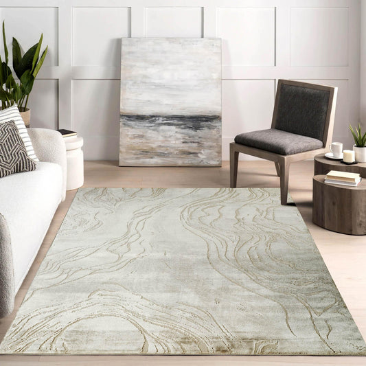 Novu Modern Abstract Rug with Velvet Touch Elegant Metallic Accents Stream Design - 2 Colours Available