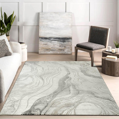 Novu Modern Abstract Rug with Velvet Touch Elegant Metallic Accents Stream Design - 2 Colours Available