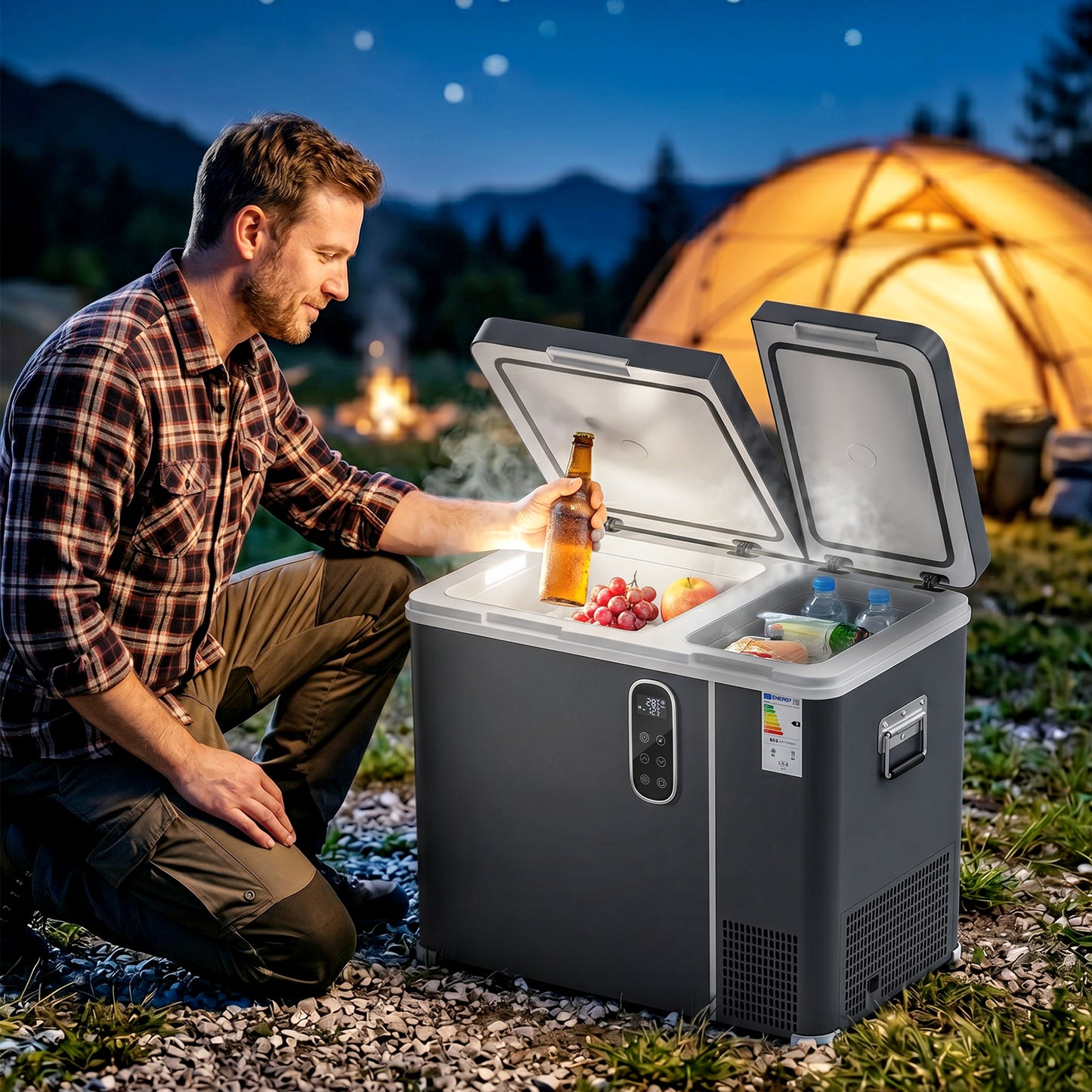 55L Compressor Car Fridge Freezer, Dual Zone Camping Refrigerator with App Control, 12/24V DC and 100-240V AC, Portable Electric Cool Box with Foldable Handle, Truck, Campervan, RV, Boat