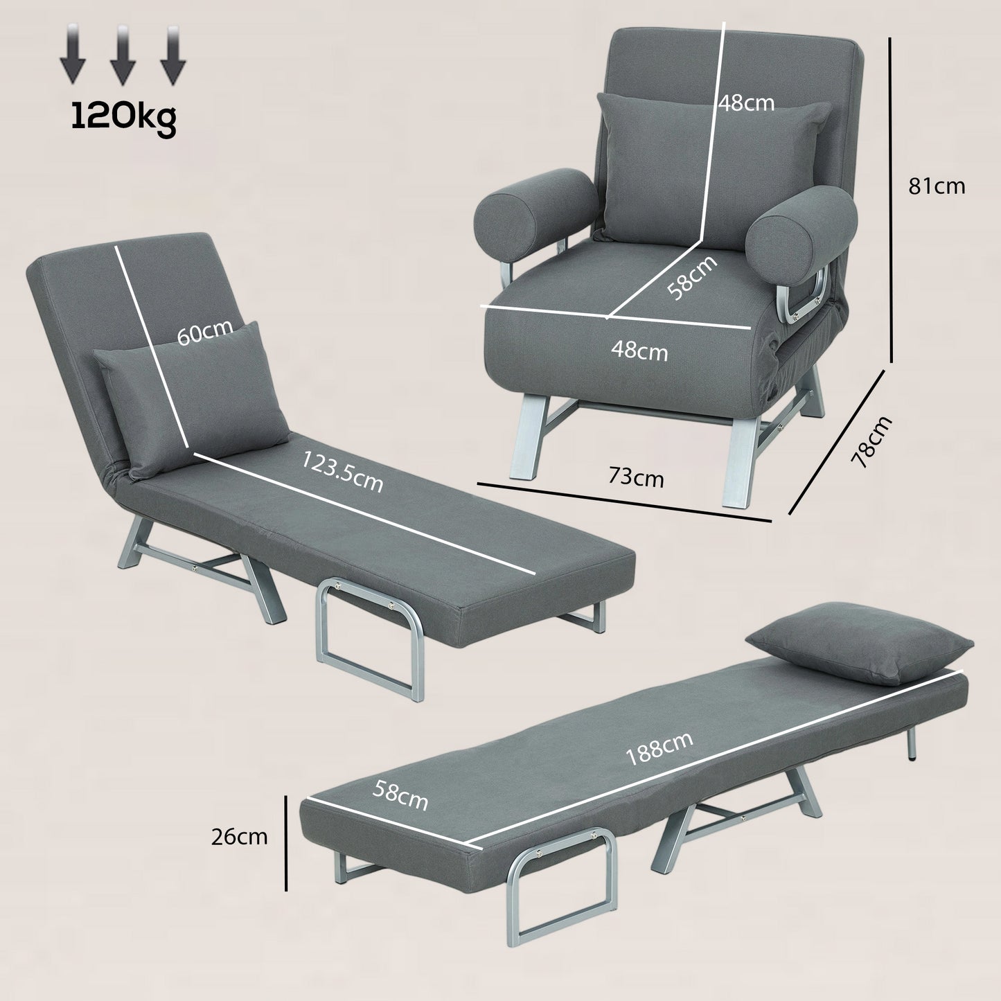 Single Sofa Bed, 3-in-1 Convertible Folding Chair Bed, Dark Grey