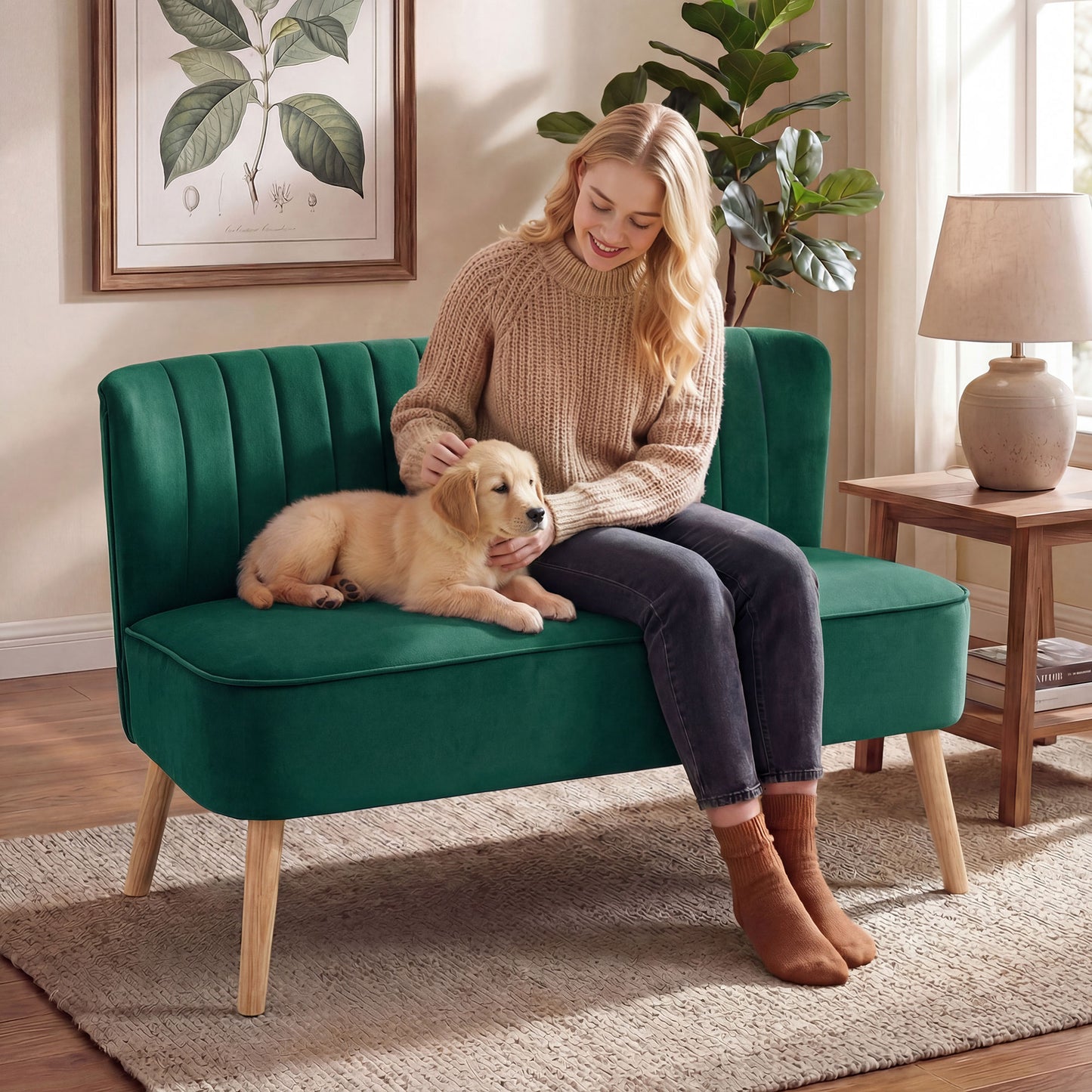 46" Loveseat Sofa 2 Seater Sofa with Padded Seat, Dark Green