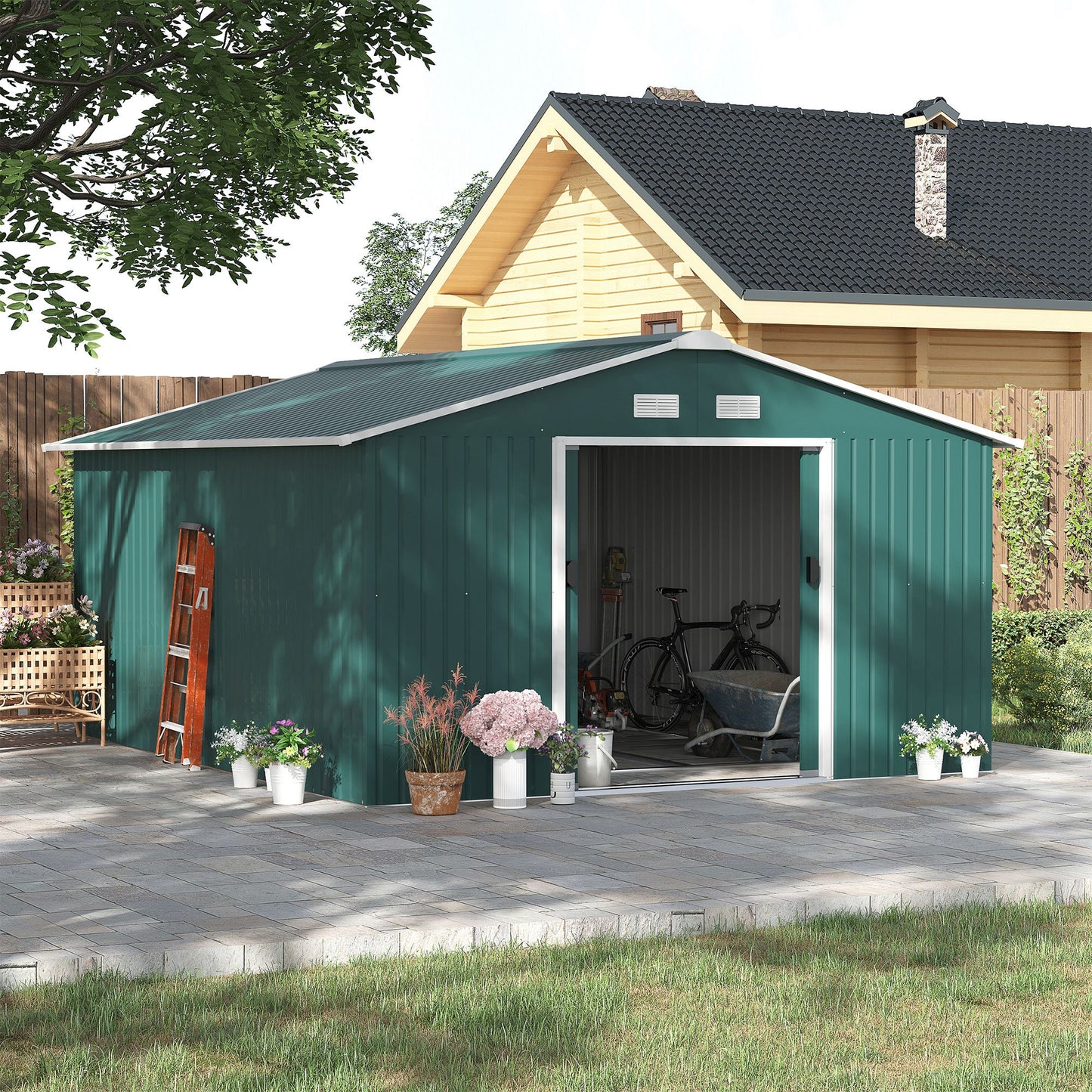 Outsunny 13 x 11ft Garden Metal Storage Shed Outdoor Storage Shed with Foundation Ventilation & Doors, Green