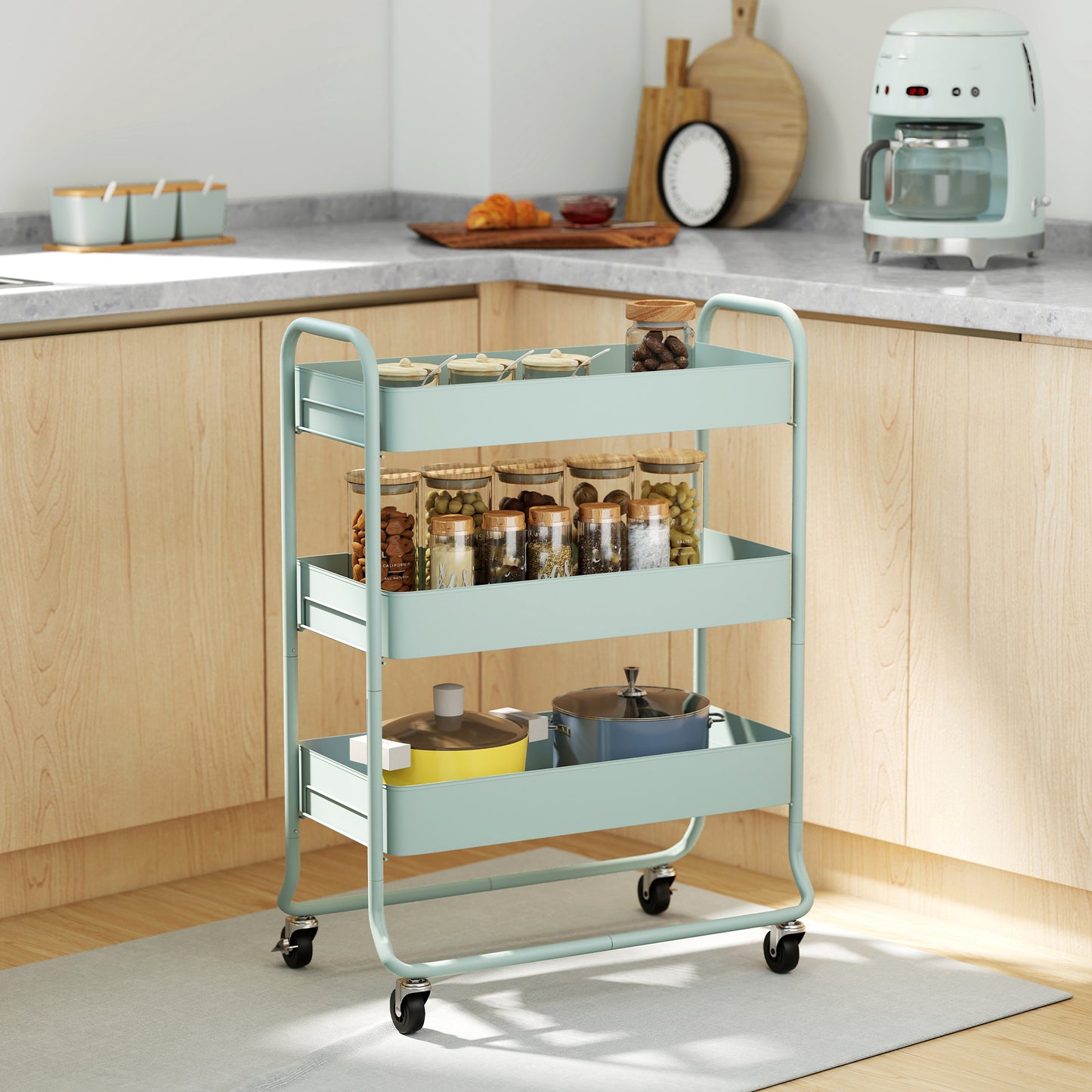 3-Tier Storage Trolley, Storage Cart with Mesh Backets, Wheels