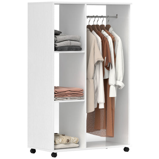 Rolling Open Wardrobe Hanging Rail Storage Shelves for Clothes, White