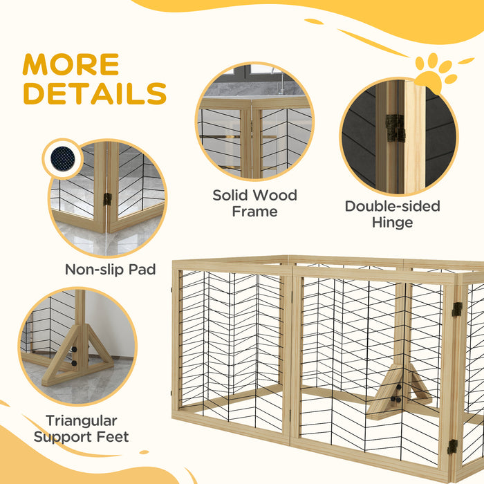 6 Panels Pet Gate, Wooden Foldable Dog Barrier w 2PCS Support Feet, for Small Medium Dogs - Natural Wood Finish