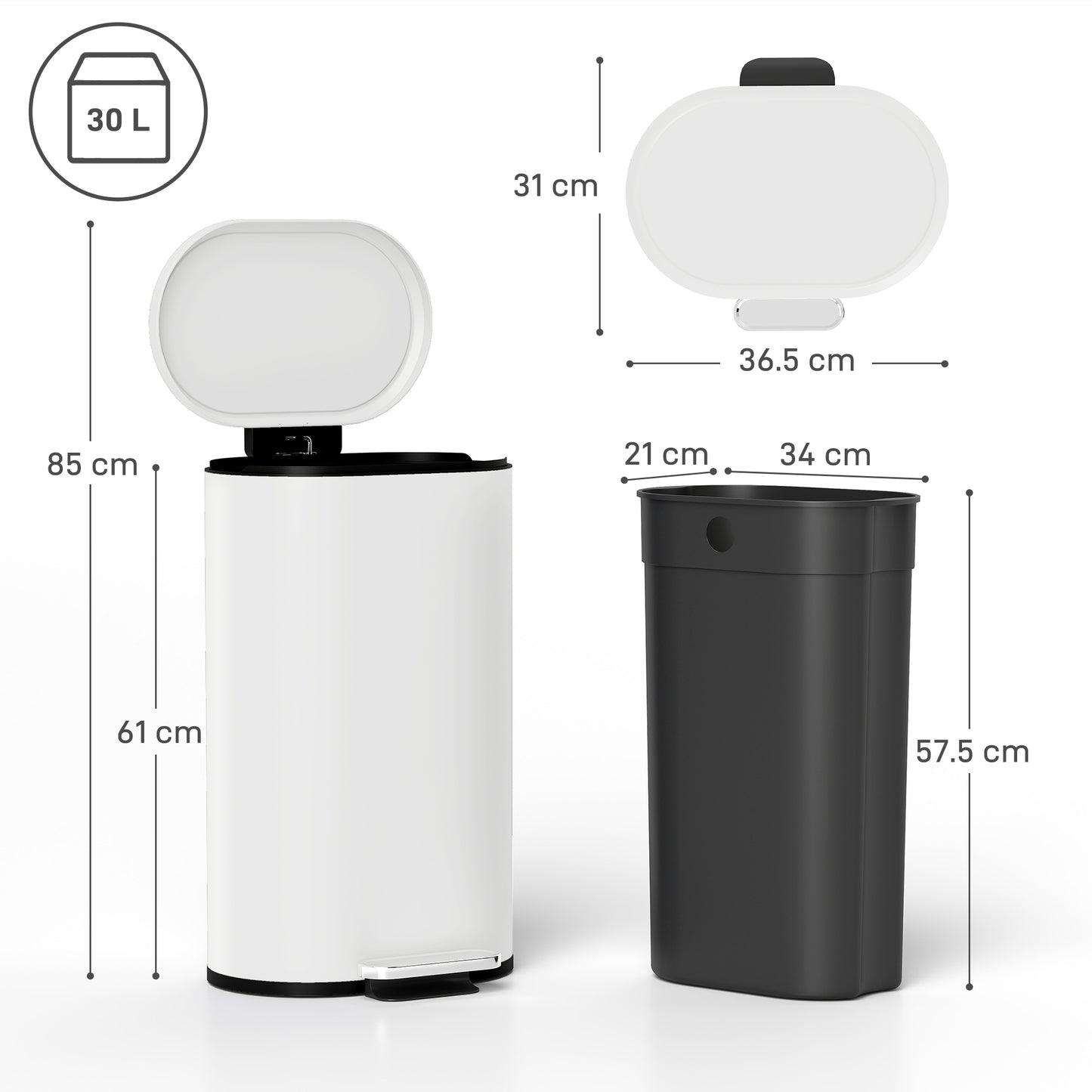 Slim Rectangular Pedal Bin with Soft-Close Lid, 30L Kitchen Bin Cream