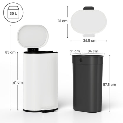 Slim Rectangular Pedal Bin with Soft-Close Lid, 30L Kitchen Bin Cream