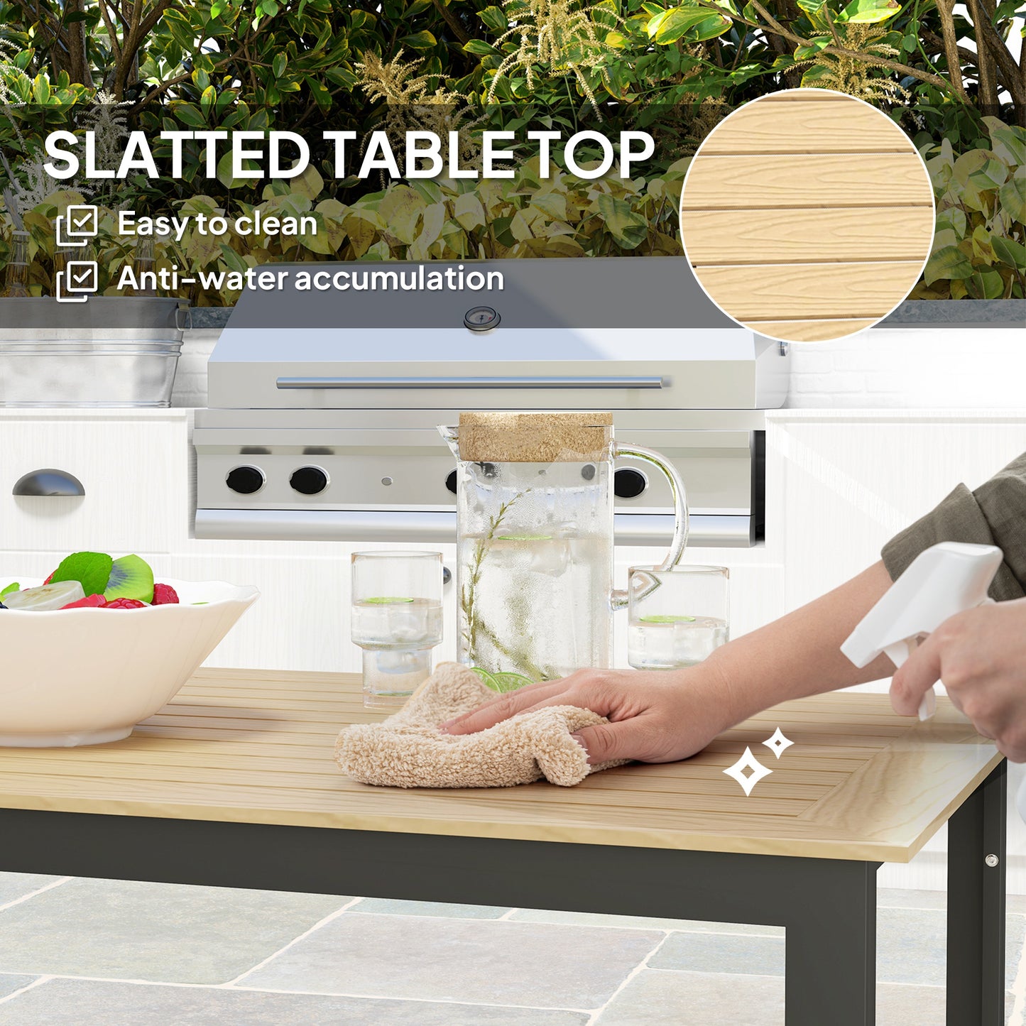 Garden Dining Table for 6 People with Slatted Table Top Metal Frame