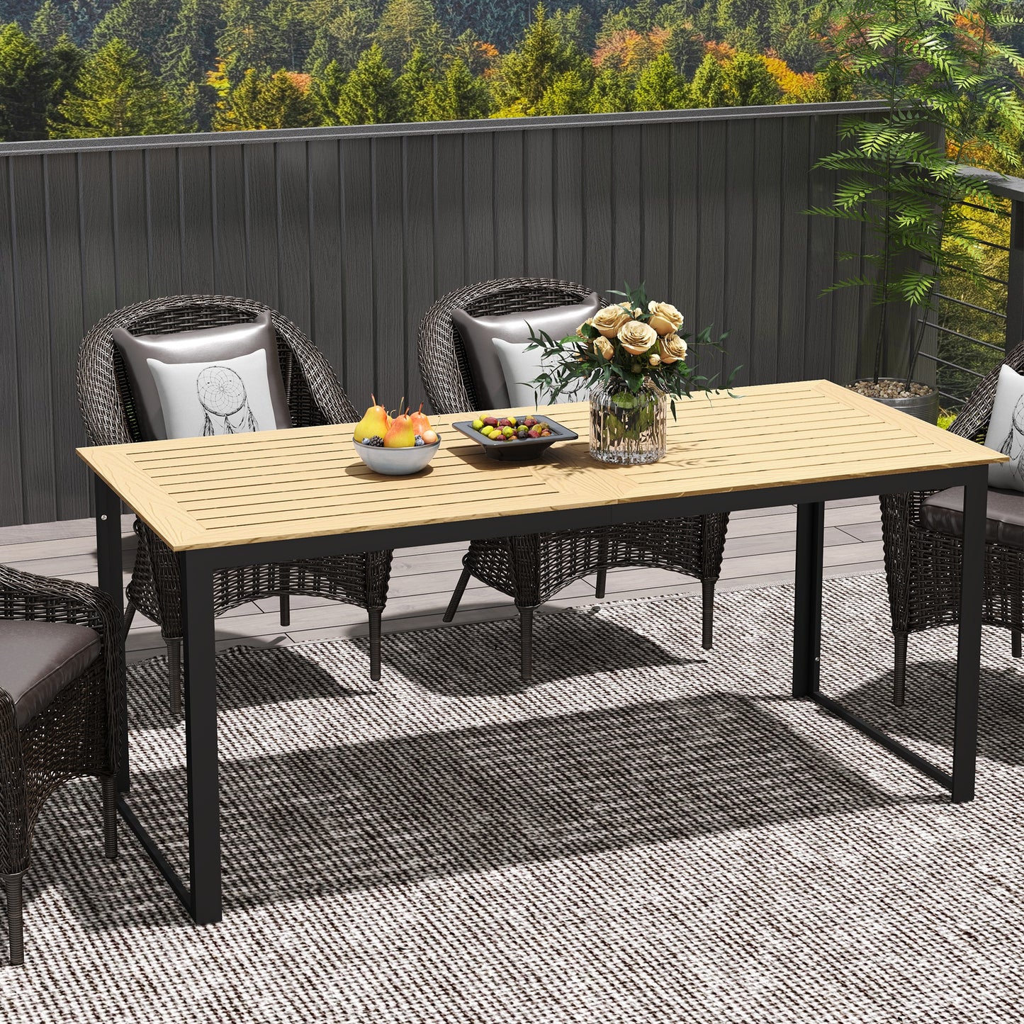 Garden Dining Table for 6 People with Slatted Table Top Metal Frame