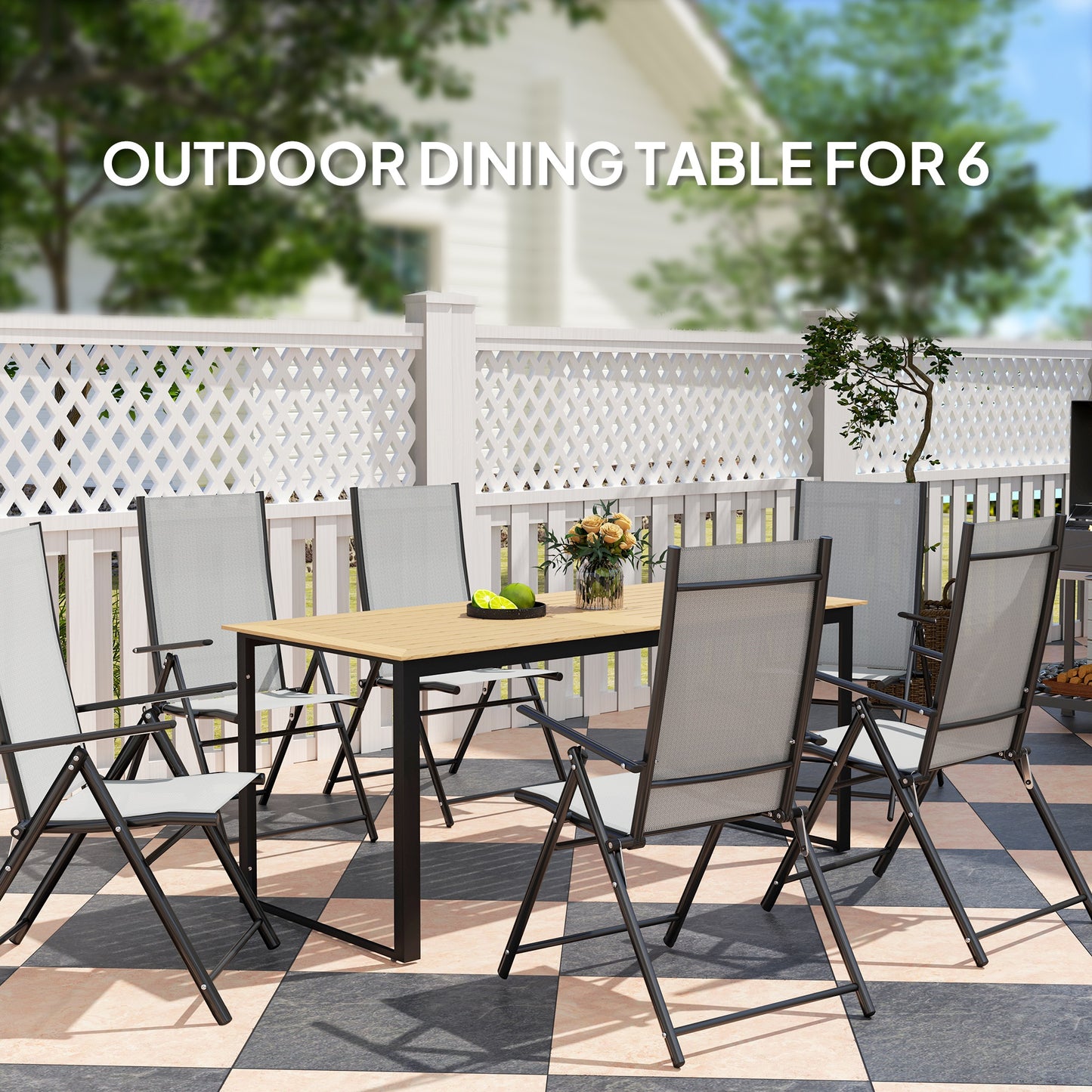 Garden Dining Table for 6 People with Slatted Table Top Metal Frame