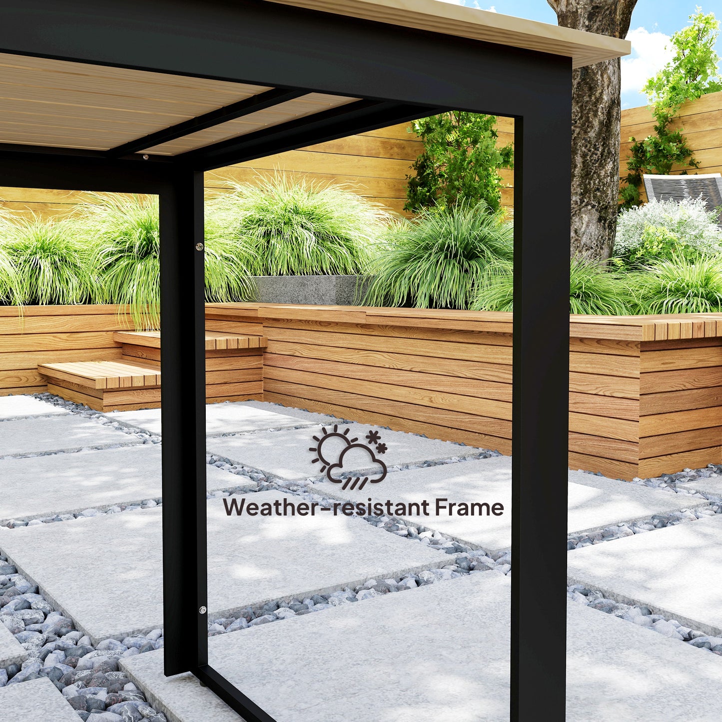 Garden Dining Table for 6 People with Slatted Table Top Metal Frame