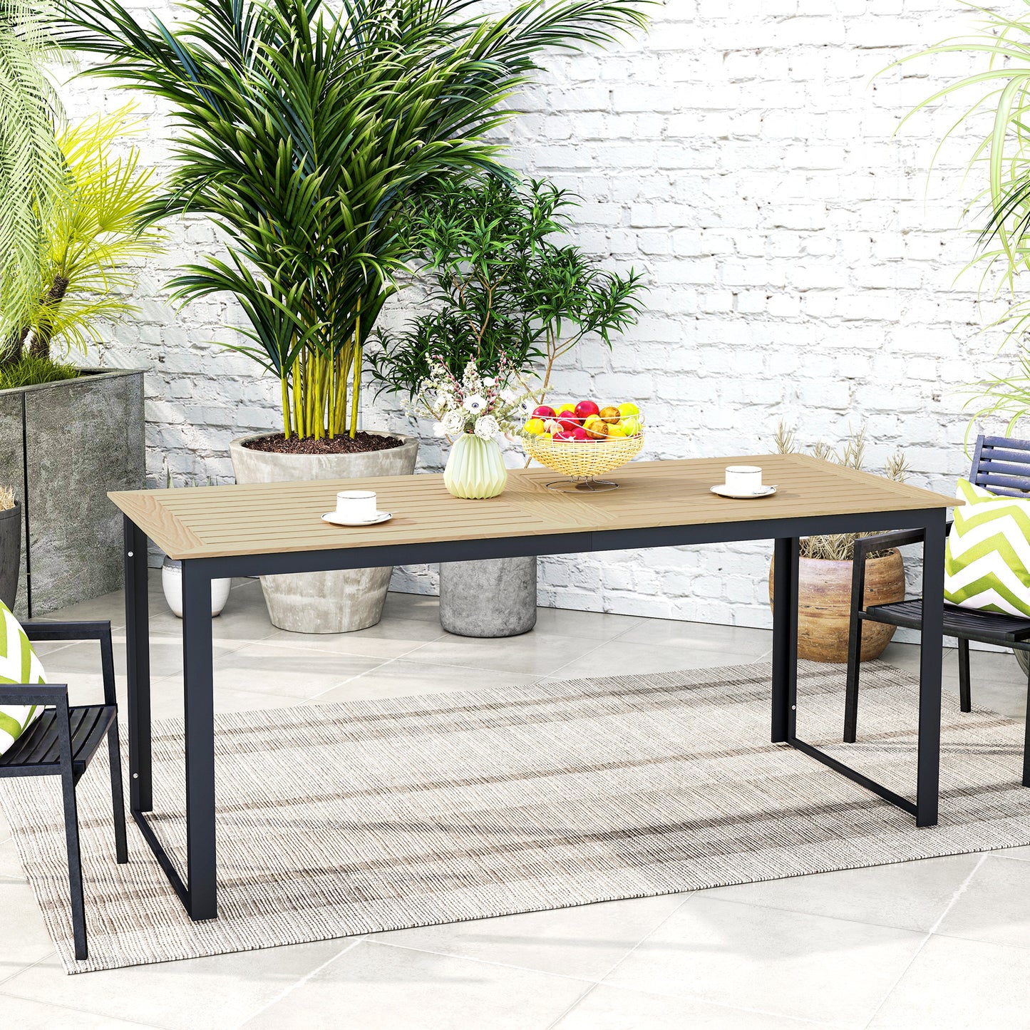Garden Dining Table for 6 People with Slatted Table Top Metal Frame