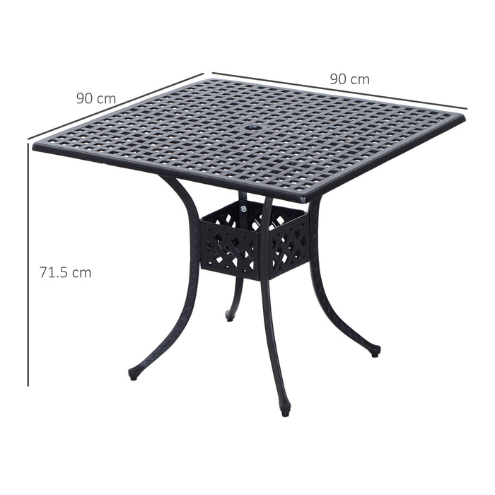 90cm Square Garden Table with Umbrella Hole, Aluminium Grid Motif Outdoor Dining Table for Garden Patio, Black