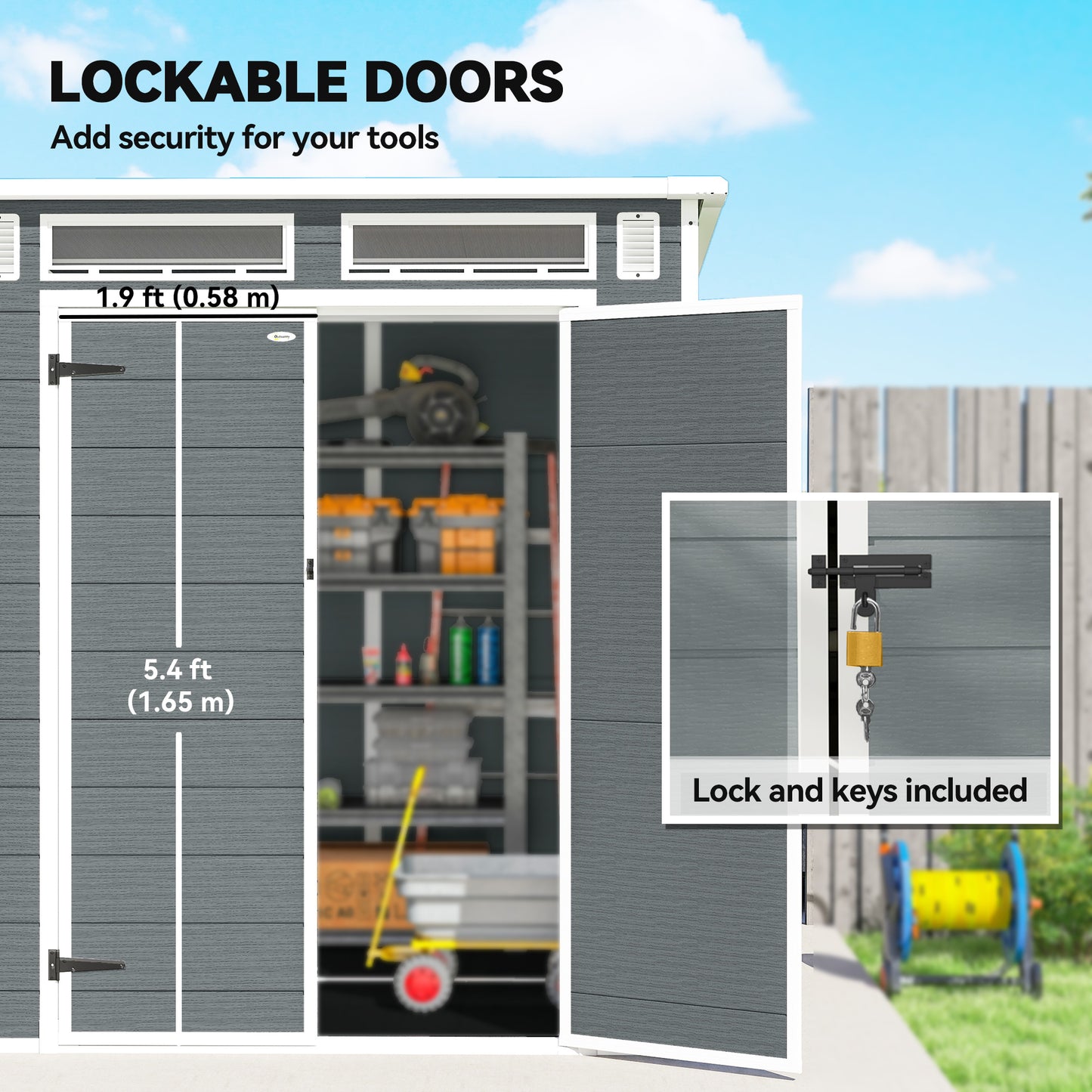6 x 6 ft Plastic Garden Shed with Floor, Lockable Doors, Grey
