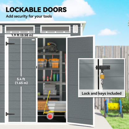 6 x 6 ft Plastic Garden Shed with Floor, Lockable Doors, Grey