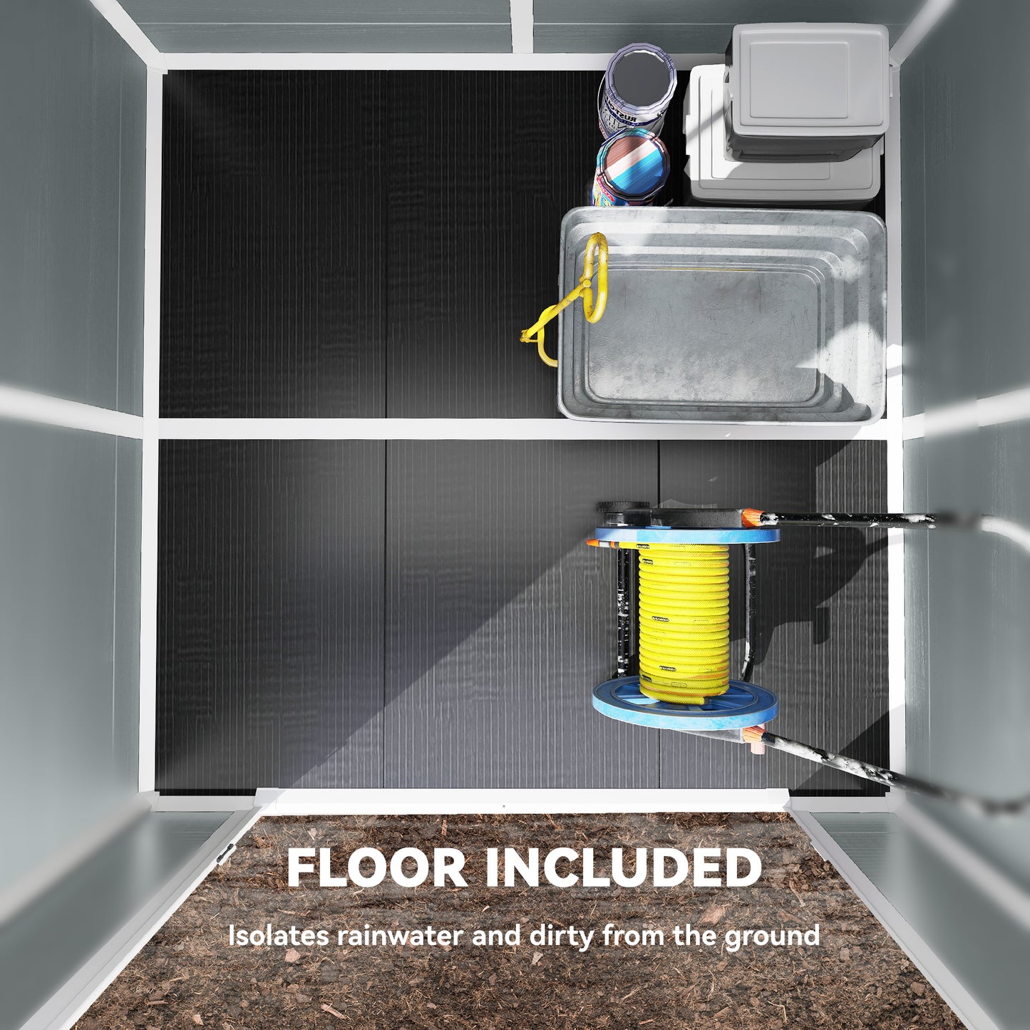 6 x 6 ft Plastic Garden Shed with Floor, Lockable Doors, Grey