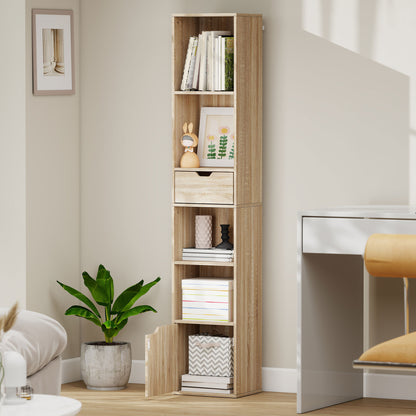 Narrow Bookshelf with Drawer, Tall Bookcase for Living Room, Natural