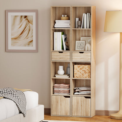 Narrow Bookshelf with Drawer, Tall Bookcase for Living Room, Natural