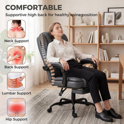 High-Back Executive Home Office Chair, PU Leather Computer Desk Chair with 360 Degree Swivel, Reclining Function, Retractable Footrest and Adjustable Height, Grey